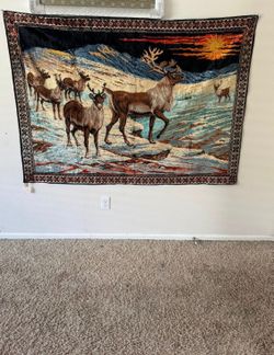 Extra Large Vintage Tapestry Wall Hanging Deer in Snow Cabin Decor 48"x71" EUC