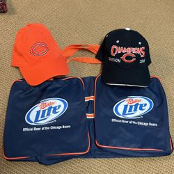 Miller Lite Sponsored Chicago Bears Duffle Bag With 2 Chicago Bears Hats