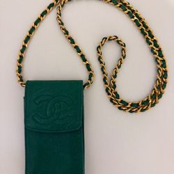 Chanel Vintage Green O Case Phone Holder Chain Crossbody Mini Bag In Green GHW