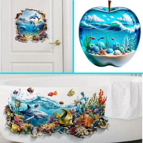 3-Piece 3D Ocean Wall Decals β Dolphins & Coral for Bathroom, Living Room, or Aquarium