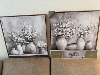 2-Piece Framed Canvas Wall Art Set - Neutral Floral Decor (24"x24")