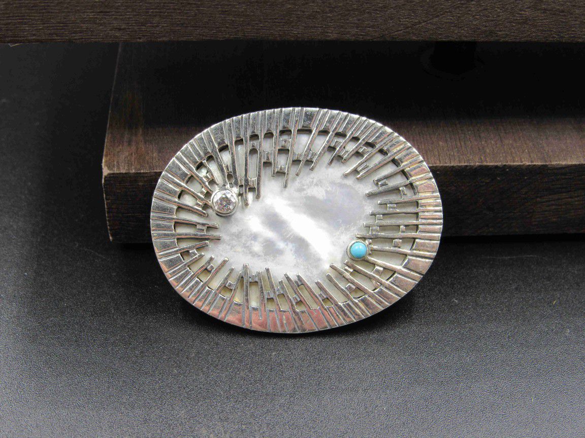 Sterling Silver White Shell And CZ Gem Pin Brooch