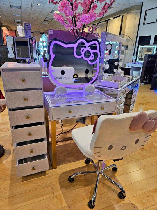 Hello Kitty Mini Table, 6 Drawers Vanity Storage Unit, Hello Kitty Chair and Heart-Legged Mirror Set 