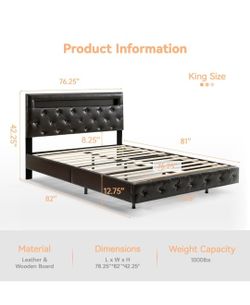 New. Morden Fort Floating Bed Frame King Size Bed Frame with LED Lights,Upholstered Leather Headboard Platform, Under Storage Space, Solid Wood Slats