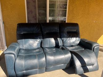 3-Seat Blue Leather Reclining Sofa