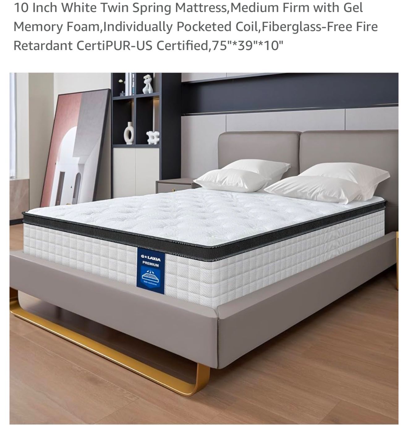 10 Inch White Twin Spring Mattress,Medium Firm with Gel Memory Foam,Individually Pocketed Coil,Fiberglass-Free Fire Retardant CertiPUR-US Certified,75