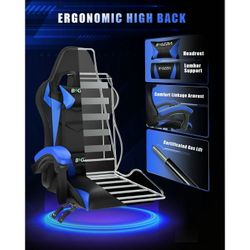 Gaming Chair with LED Lights, Computer Chair with Lumbar Support, Ergonomic High Back Video Game Chair with Swivel Seat and Headrest, Blue