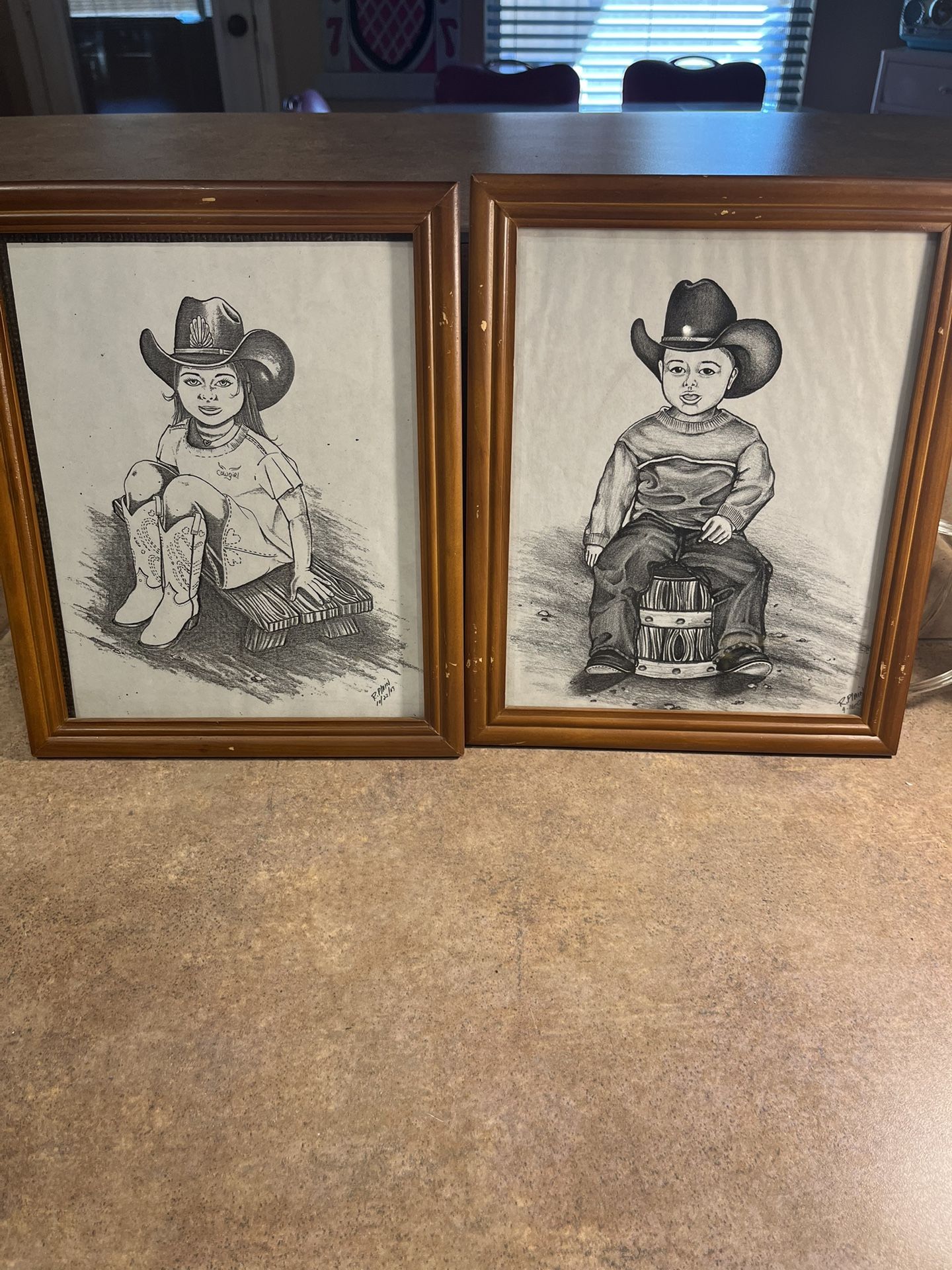 Vintage 2003 Drawings of Framed Cowgirl & Cowboy w/Artist Signature
