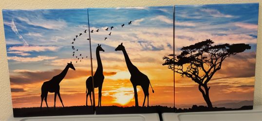 3-Panel Giraffe Sunset Canvas Wall Art
