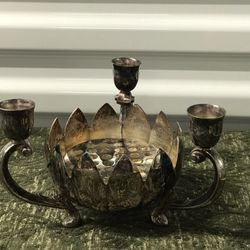 Vintage Leonard Silver Plated Lotus Bowl w/candleholder & Frog