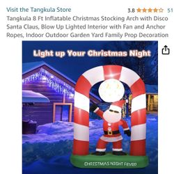 Tangkula 8 Ft Inflatable Christmas Stocking Arch with Disco Santa Claus, Blow Up Lighted Interior with Fan and Anchor Ropes, Indoor Outdoor Garden Yar