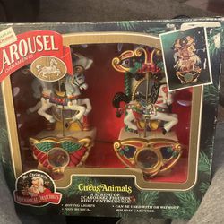 Vintage Mr Christmas Holiday Carousel 2 Horses, Moving Lights, NON-MUSICAL