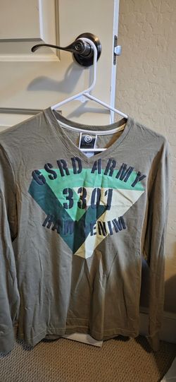 Men T-shirt Size S G-Star RAW long-sleeve graphic t-shirt with "GSRD ARMY 3301 RAW DENIM" text. 