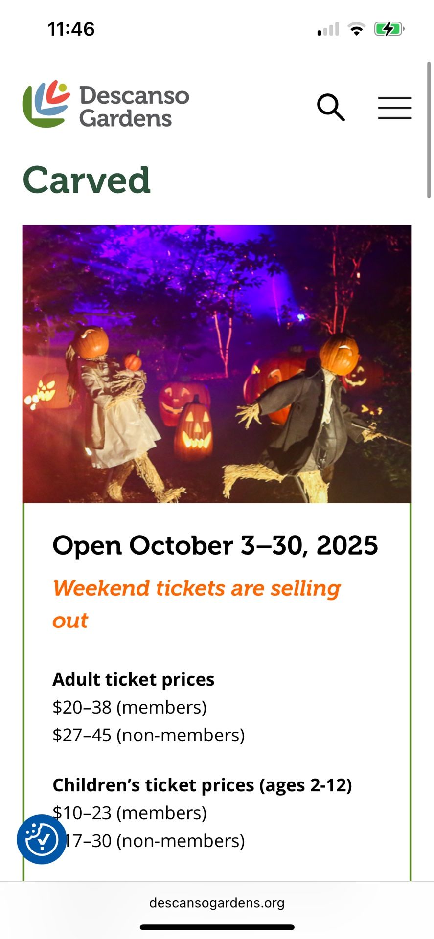 Descanso Gardens CARVED Pumpkin Festival tickets (3 tickets for 10/25 8:30pm