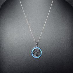 925 Silver Tree Of Life Opal Pendant And Necklace 18”