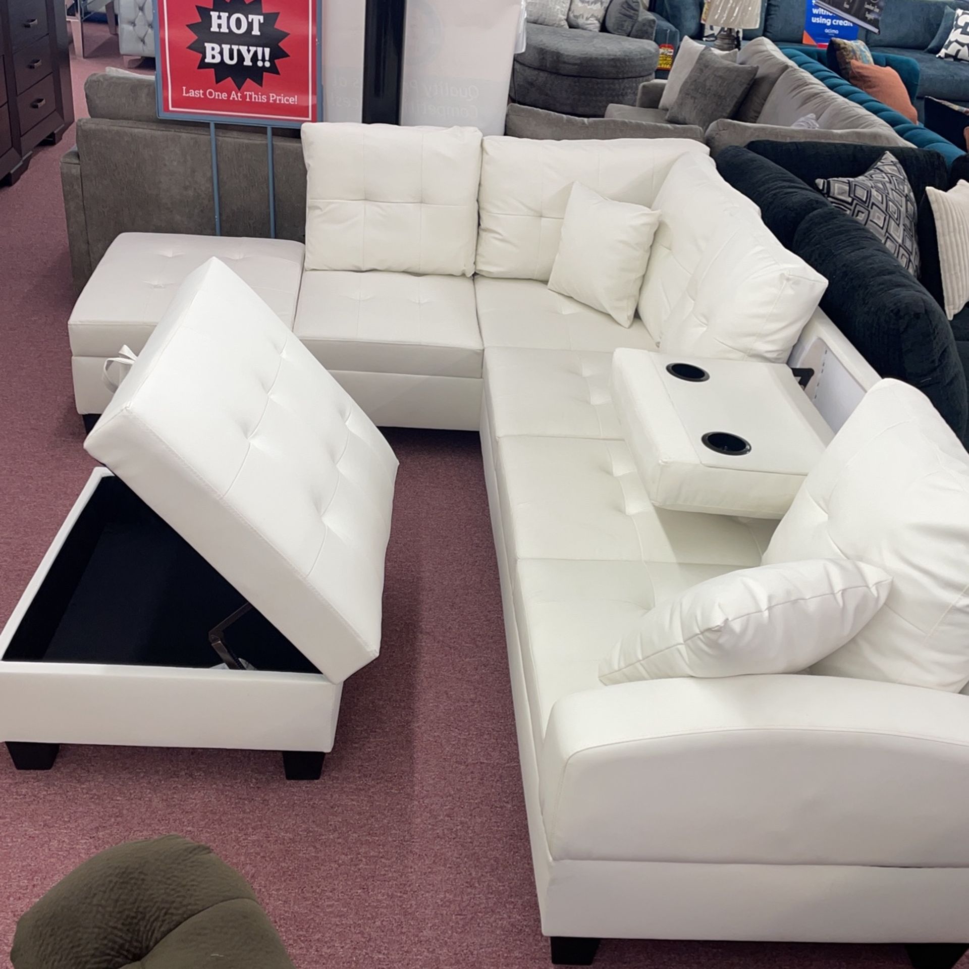 💥Huge Blowout Furniture Sale💥 Brand New White Sectional W/ Storage Ottoman! $50 Down Takes It Home Today!