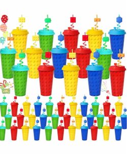 48 Sets Building Blocks Party Favors Cups with Straws Bulk, 16 OZ Bricks Cups with Lids for Building Block Birthday Party Decorations Supplies