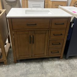 37'' Bathroom Vanity Solid Wood Cabinet Stone Countertop(Top Damaged )