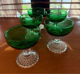 5 Vintage  Anchor Hocking Bubble Foot Green Dessert Glass