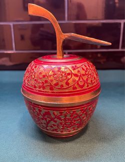 Vintage red and gold cloisonné enamel and brass apple box