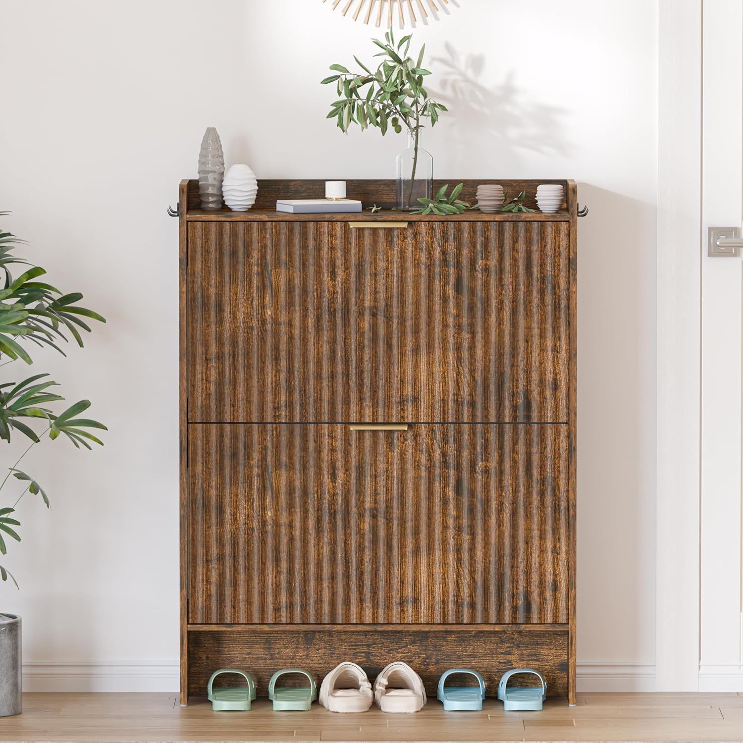 Shoe Storage Cabinet with 2 Flip Drawers, Morden Fluted Narrow Organizer Cabinet,Rustic Brown