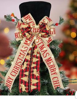 NEW Black w/Buffalo Plaid Bow Snowman Top Hat Christmas Tree Topper Decor