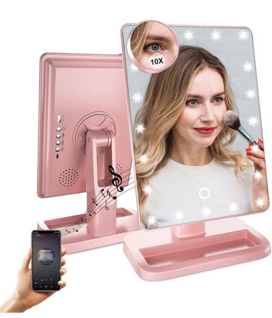 Makeup Vanity Mirror with Bluetooth-Rechargeable Lighted 20 LED Mirror,Touch Screen Cosmetic Vanity Mirror,Detachable 10X Magnification 180°Rotation, 