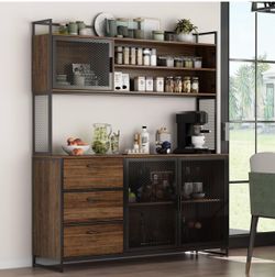 Large Kitchen Hutch Storage Cabinet, Pantry Cabinets with Hutch, Metal Frame Cupboard with Mesh Door, Drawer & Microwave Shelf, Freestanding Kitchen S