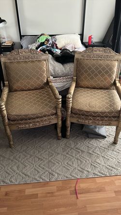 Gold Louis XVI inspired tuffed arm chairs
