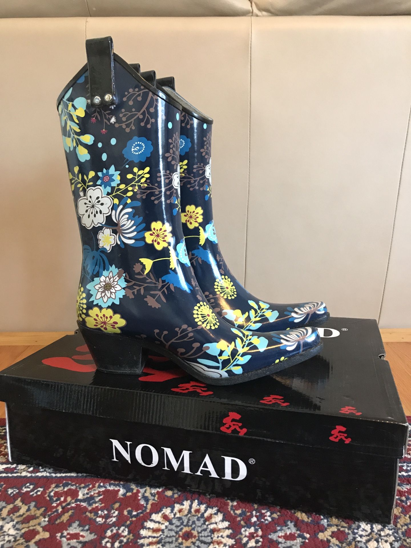 Women’s Nomad Yippy Cowgirl Rain Boots Navy Garden Size 7