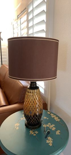 Pier 1 Mosaic Glass Table Lamp with Brown Drum Shade (26" tall)