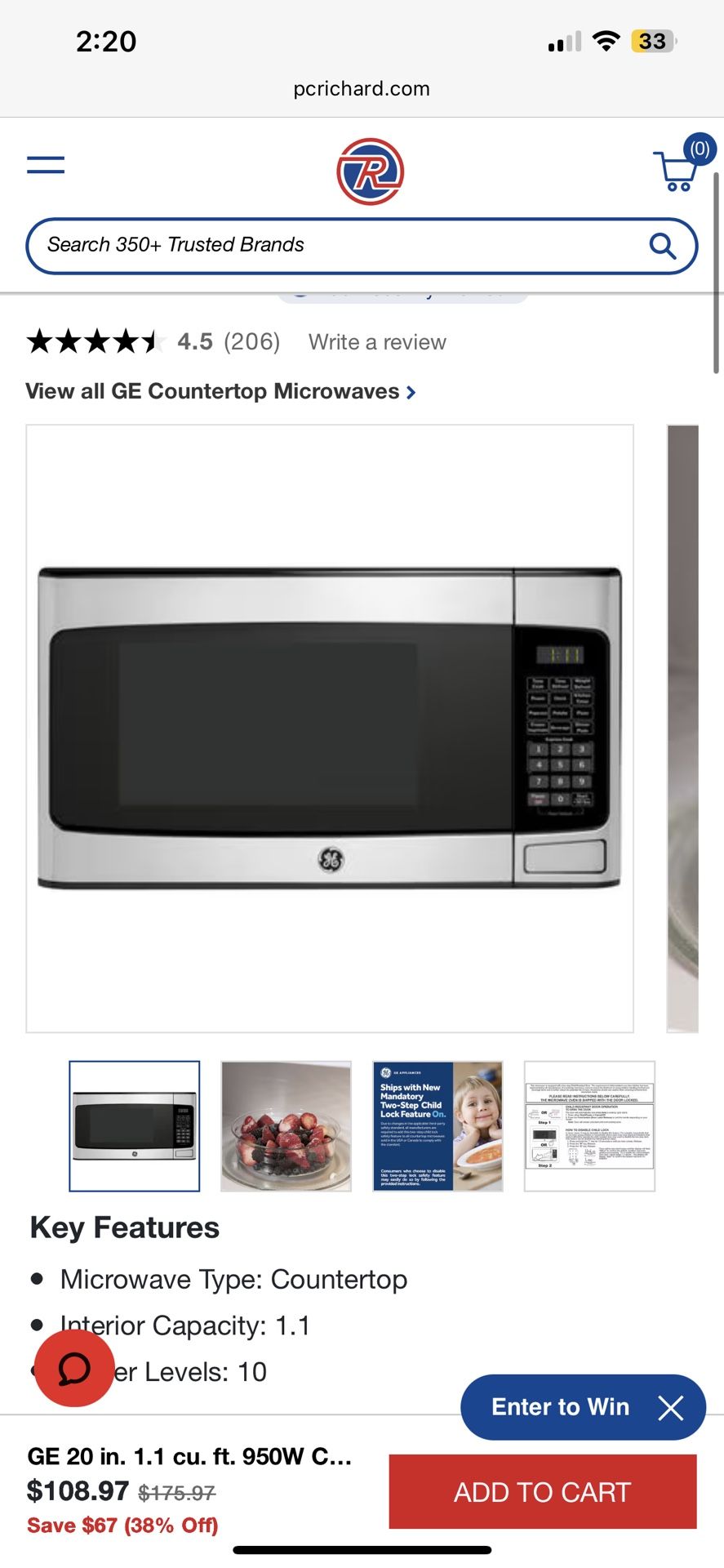 GE 20 in. 1.1 cu. ft. 950W Countertop Microwave - Stainless Steel
