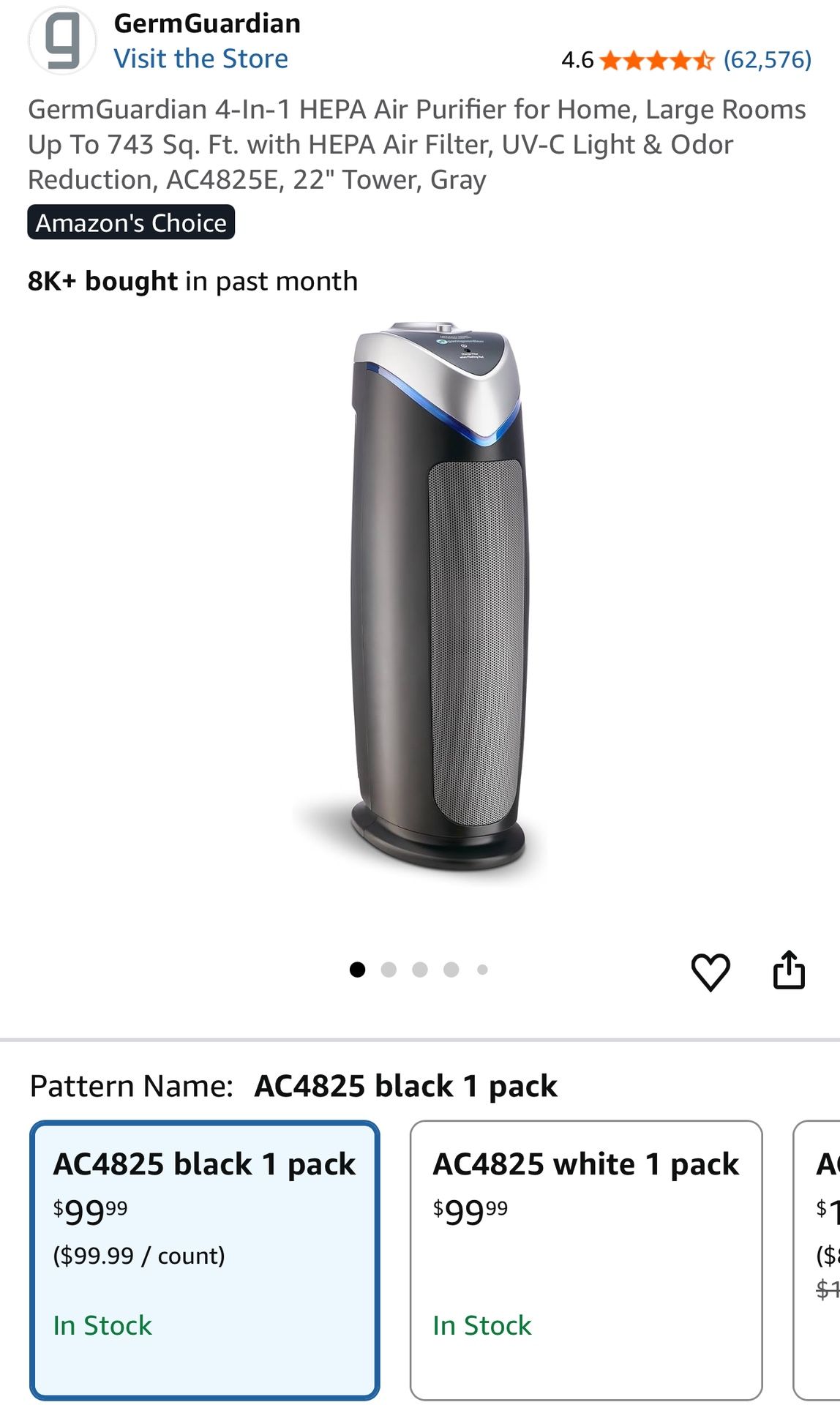 GermGuardian 4-In-1 HEPA Air Purifier for Home, Large Rooms Up To 743 Sq. Ft. with HEPA Air Filter, UV-C Light & Odor Reduction, AC4825E, 22" Tower, G