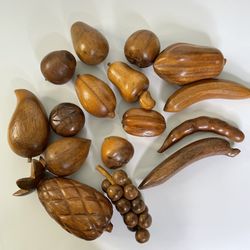 16-piece lot of wood fruit. Vintage MCM decor.