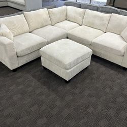 Cream L Shaped Sectional W/ Ottoman 