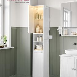 New Tall Bathroom Cabinet with Lights, Slim Freestanding Bathroom Storage Cabinet White- FREE 🎁