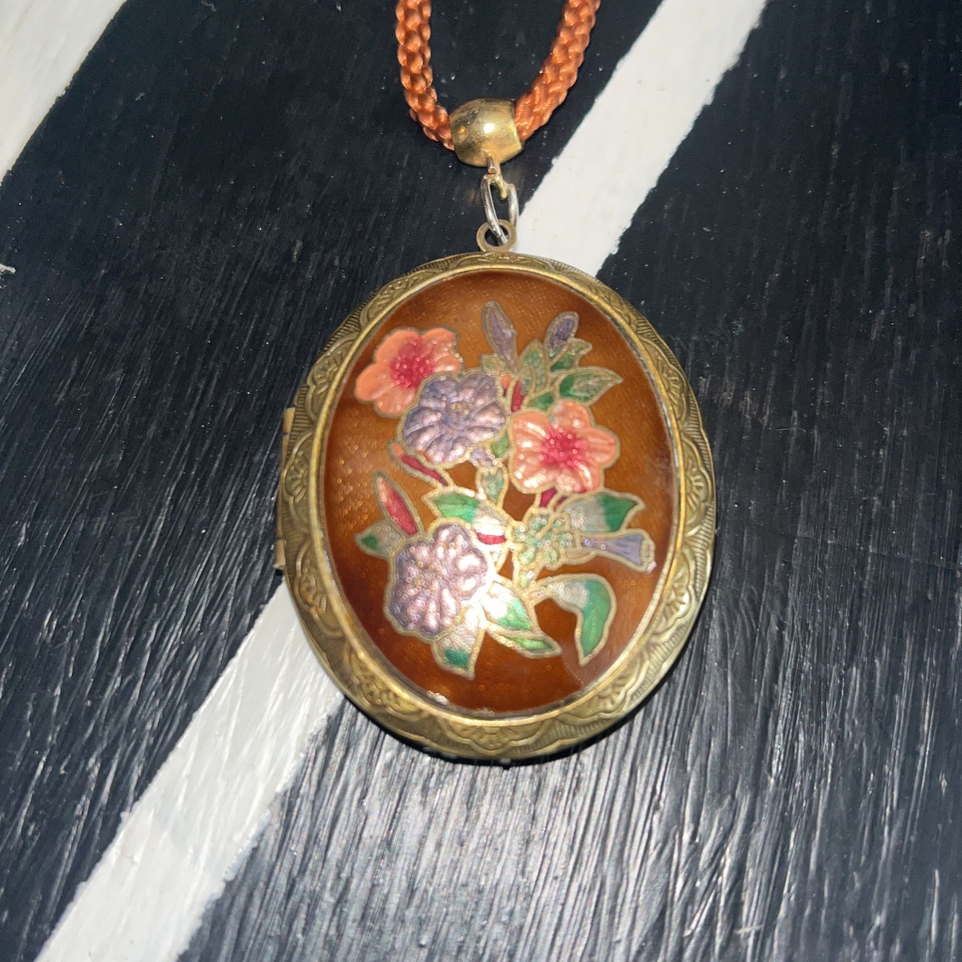 Vintage Cloisonne enameled Floral locket rope tassle necklace