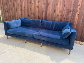 FOUR HANDS 8 FT BLUE VELVET SOFA !!!  STUNNING !!!!