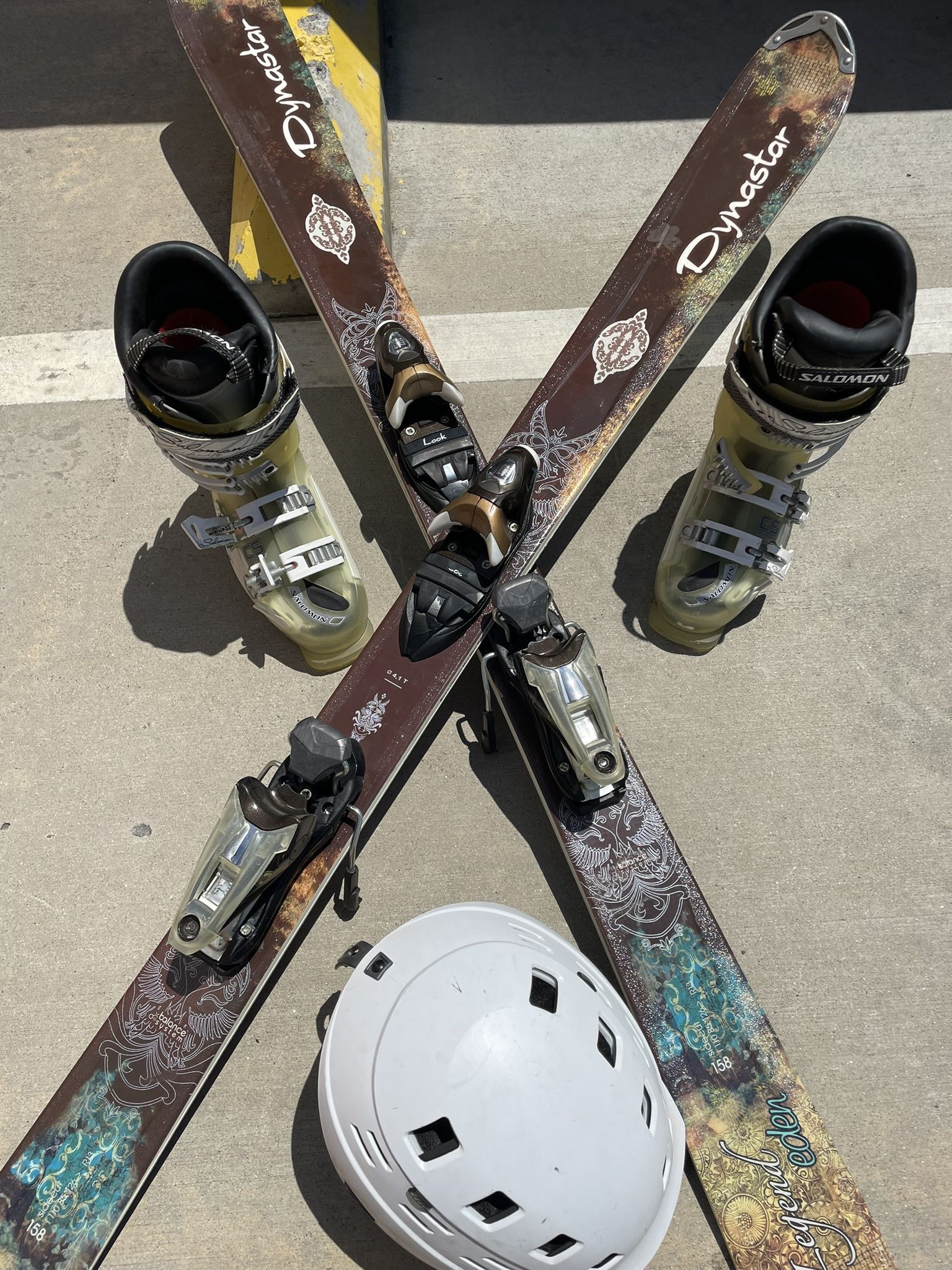 Preowned Women’s Dynastar Skies And Salomon Boots W/Helmet. Snow Outdoor Winter Sport