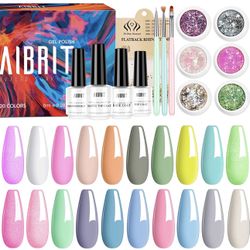 Aibrit Gel Nail Polish Kit, 24PCS Gel Polish with Glossy/Matte Top Coat and Base Coat/Reinforce Gel, including 3 Nail Brushes/6 Colors Glitter Nail Ar