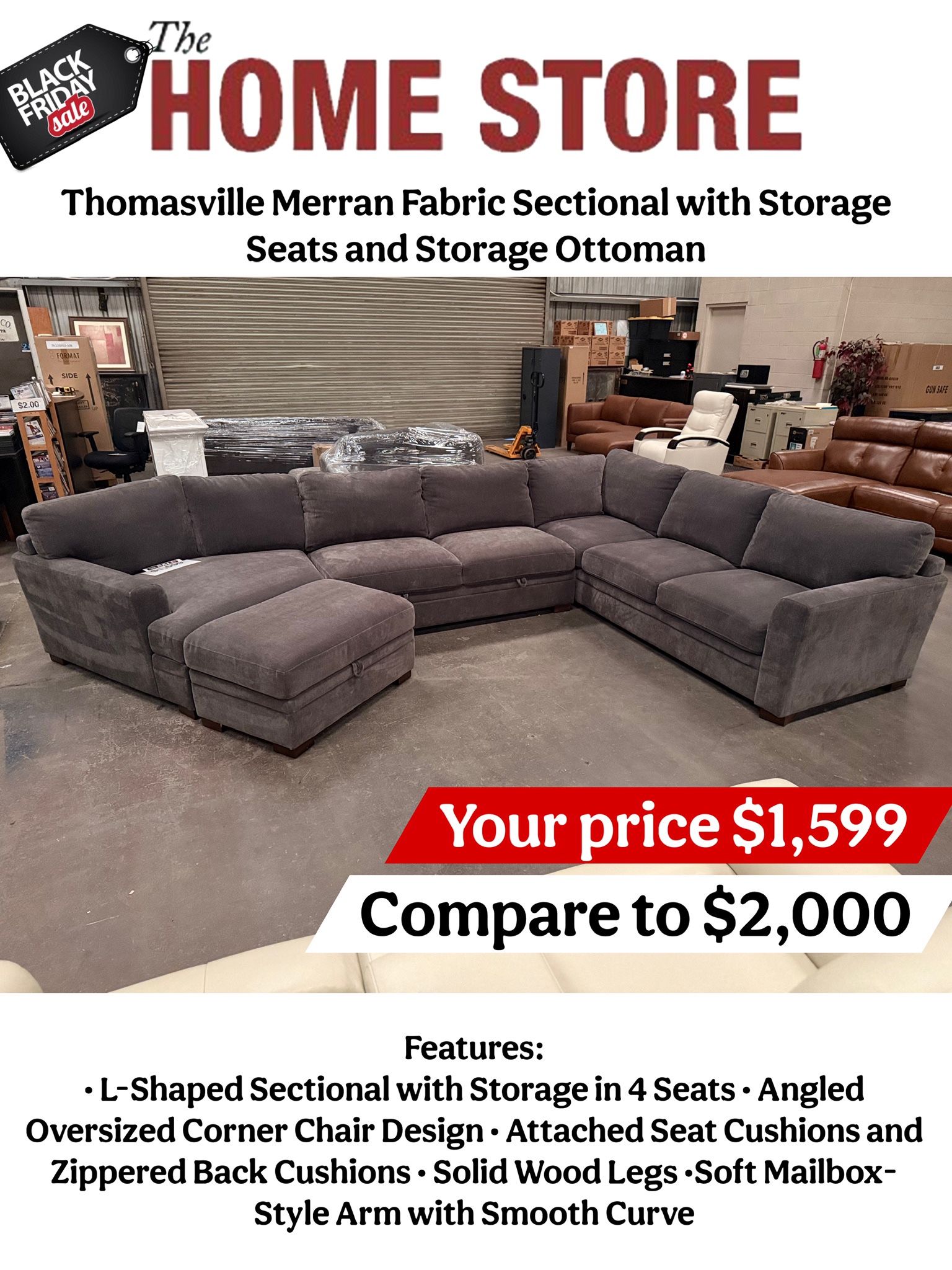 Thomasville Merran Fabric Sectional with Storage Seats and Storage Ottoman