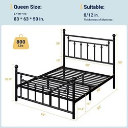 14 Inch Queen Size Metal Platform Bed Frame with Victorian Vintage Headboard and Footboard/Mattress Foundation/Under Bed Storage/No Box Spring Needed/