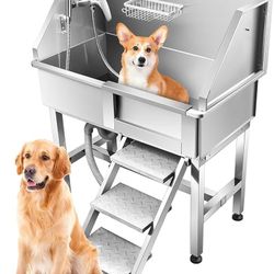 38 inch Dog Grooming Tub Station, Professional Dog Washing Station Stainless Steel Wash Shower Sink for Small Dogs with Walk-in Ramp,Sliding Door, Fau