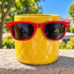 Yellow Ceramic Planter with Red Sunglasses 4 1/2” x 4”