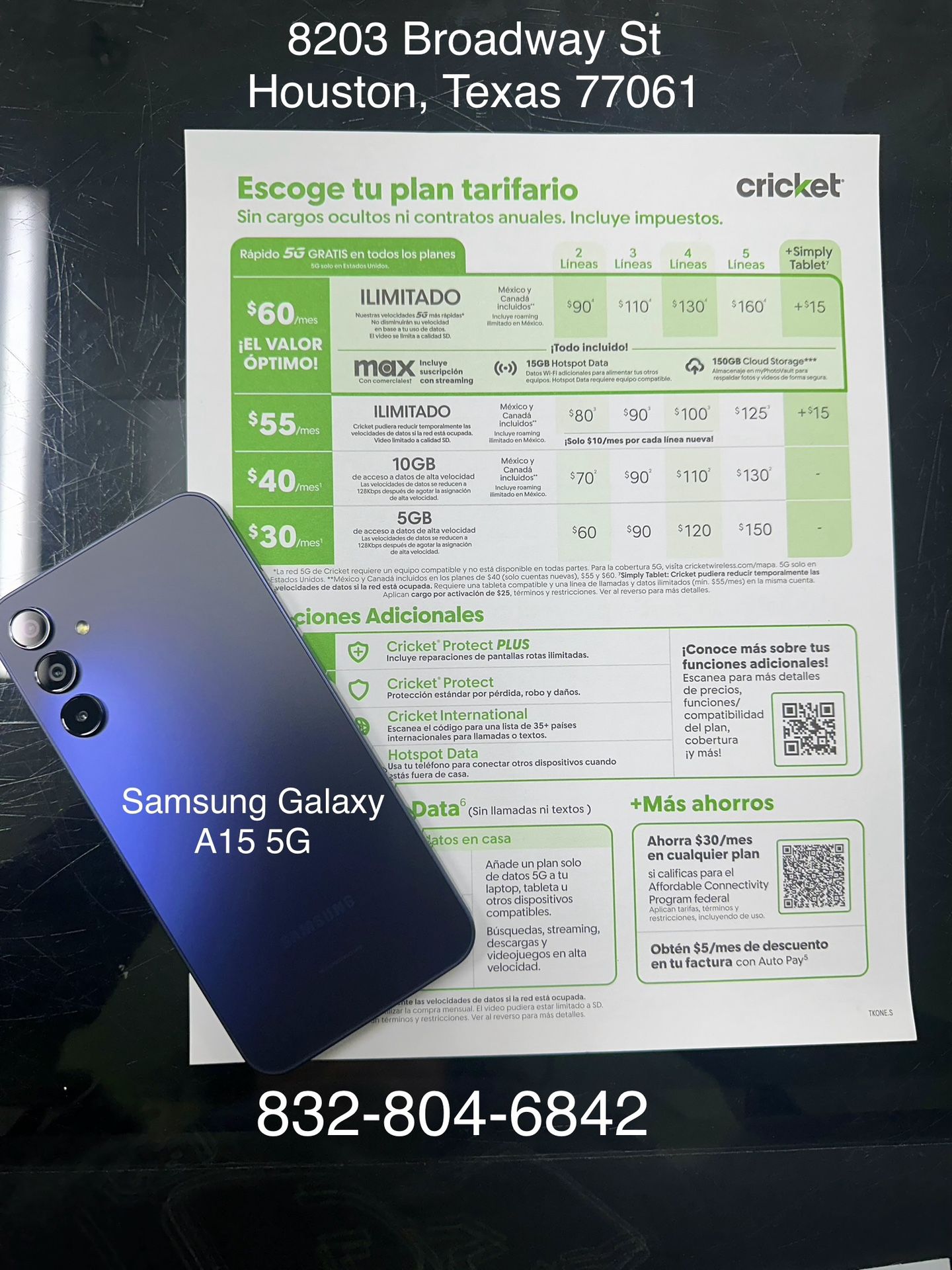 Samsung Galaxy A15 5G ONLY $20 CUANDO SE CAMBIA A CRICKET/ When You Switch 77061 By El Ahorro