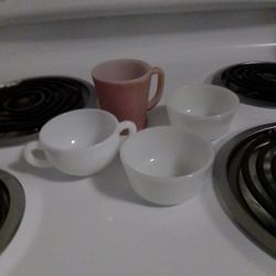 Milk glass Coffee Or Tea Cup And Sugar Bowl And Two Custard cups 