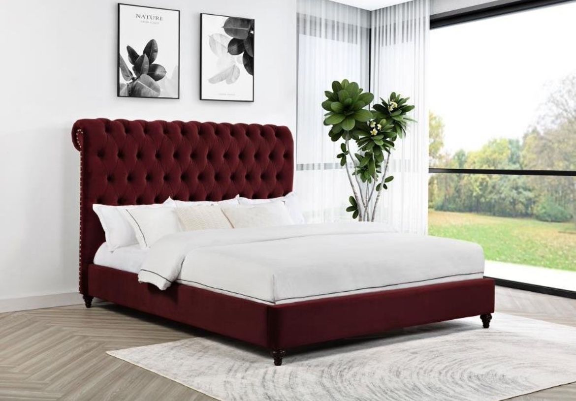 UNIQUE WINE RED Upholstered Bed Frame Bedroom King or Queen $10 DOWN ...