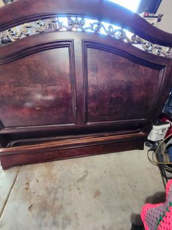 Dark Wood Bed Headboard with Carved Detail