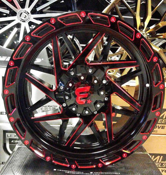 Brand New 20" WB 20X10 6x135 / 6x139.7 Black Red Milled Wheels