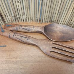 Mid Century Vintage Retro Carved Tiki Tropical Fork & Spoon Set